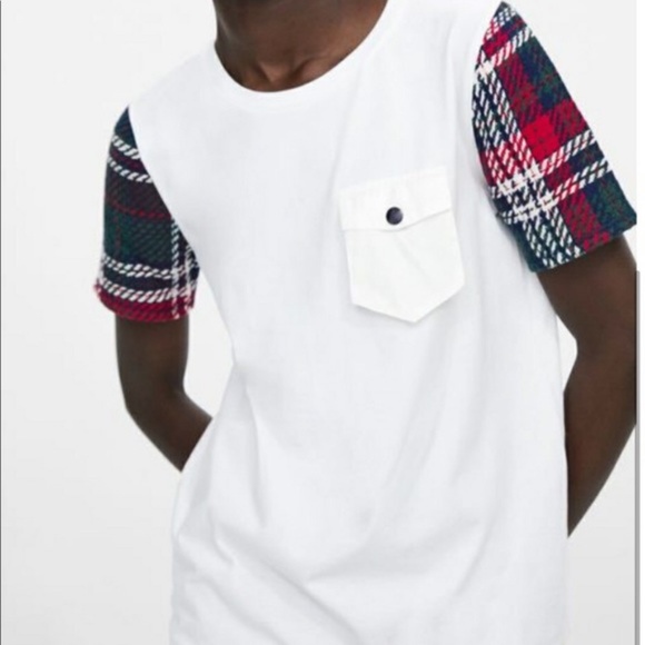 NWT Basic White Pocket T with Plaid Sleeves - Picture 1 of 6